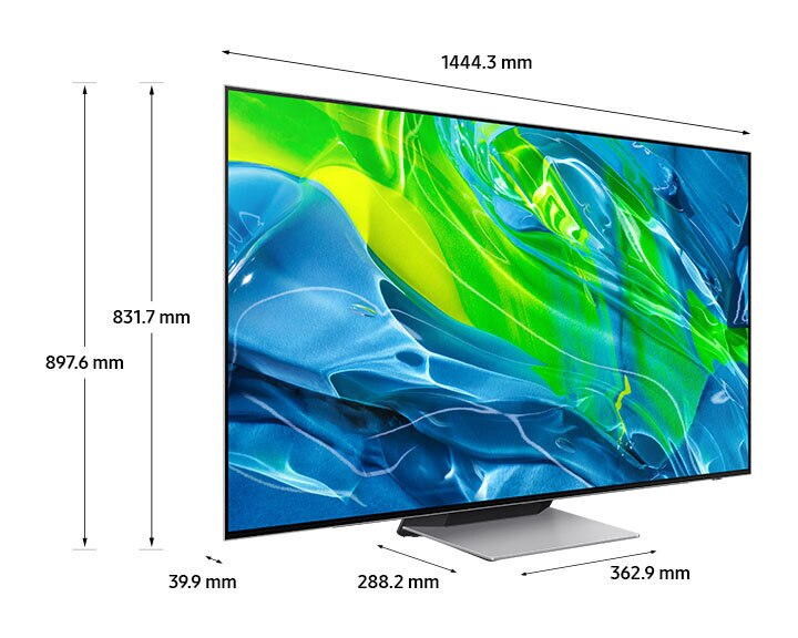Duży telewizor z wyświetlonymi wymiarami. Ekran pokazuje kolorowy abstrakcyjny wzór, ze srebrną podstawą.