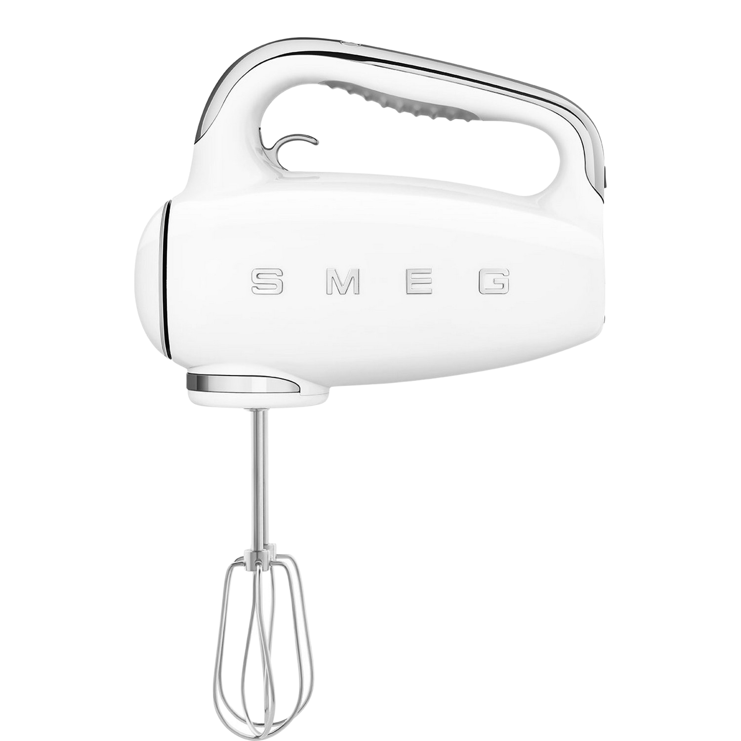 Mixeur plongeant SMEG blanc. Il a une poignée, et les accessoires du mixeur sont visibles.