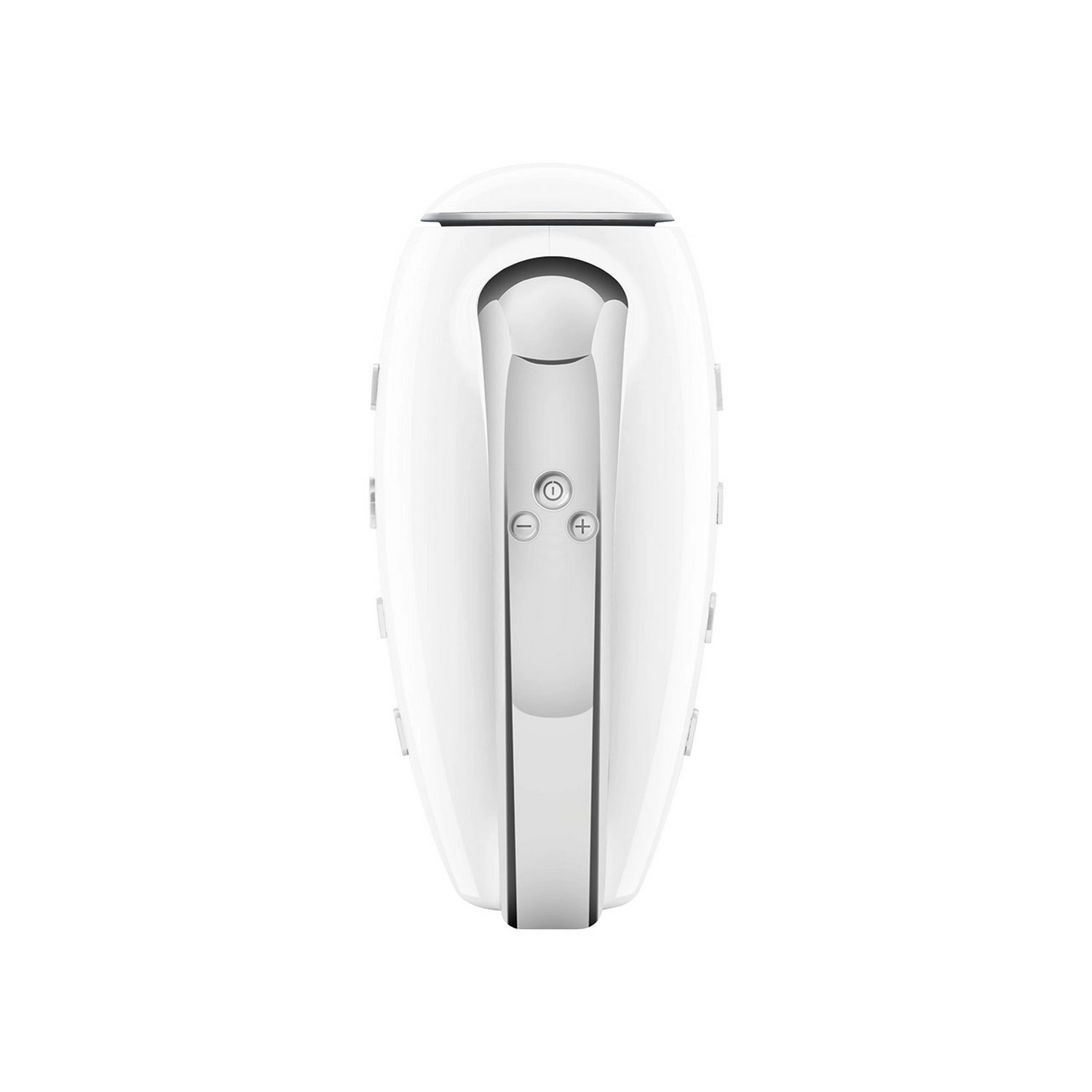 Un appareil blanc avec un design incurvé et un panneau de commande central avec des boutons, sur fond blanc.