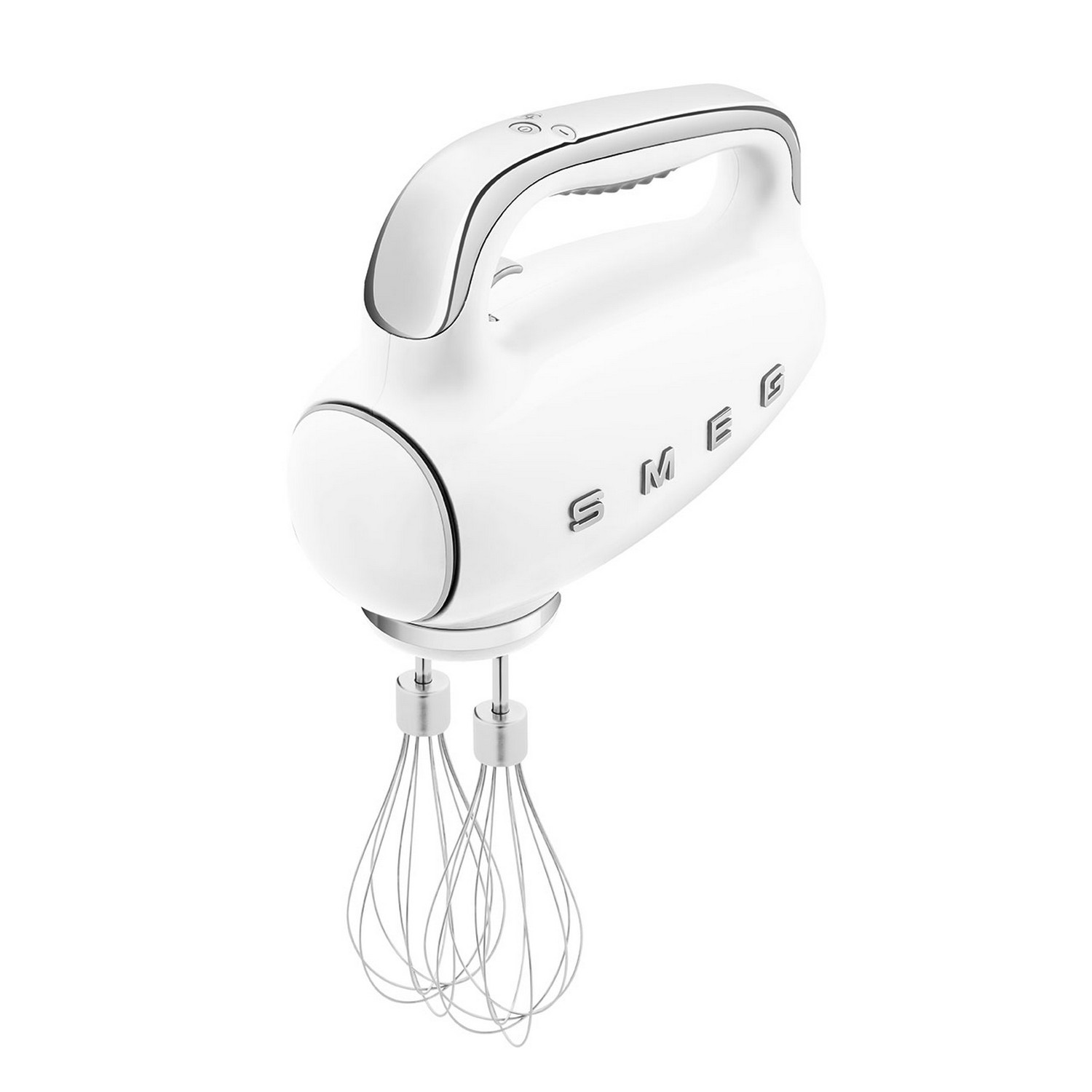 Mixeur plongeant blanc avec deux accessoires fouet, sur fond blanc.