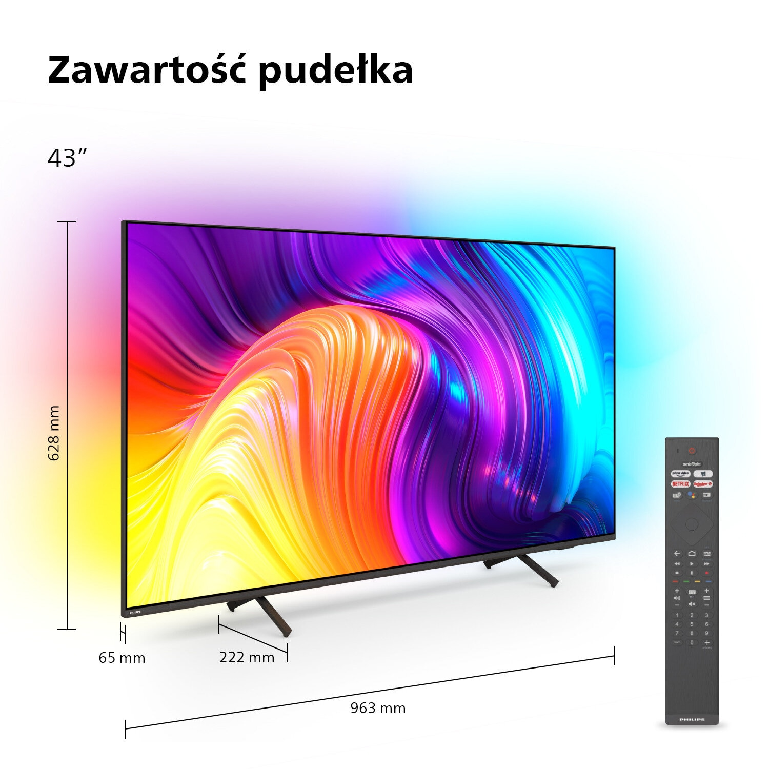 43-calowy telewizor z pilotem, pokazujący wymiary i funkcje w konfiguracji studyjnej.