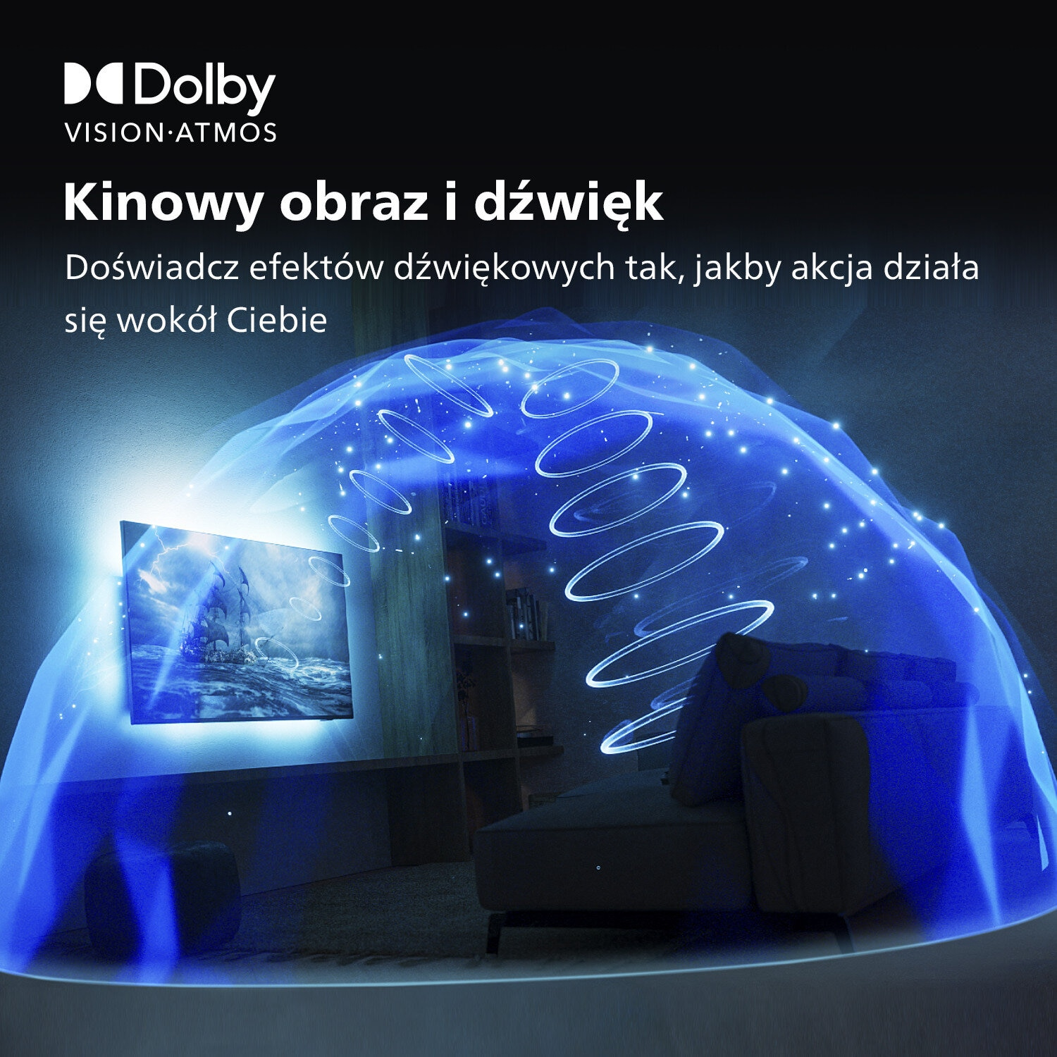 Pokój z ekranem telewizora pokazującym statek na morzu. Niebieski efekt otacza pokój.