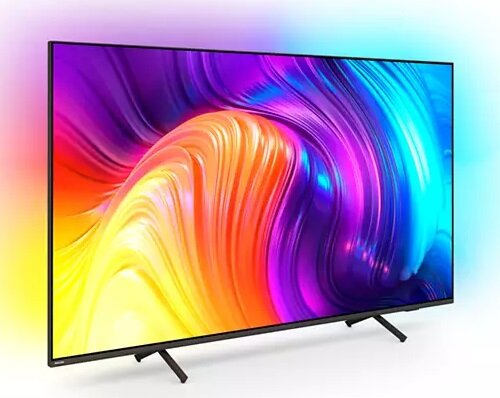 Telewizor Philips z czarną ramką, wyświetlający abstrakcyjny, kolorowy obraz.