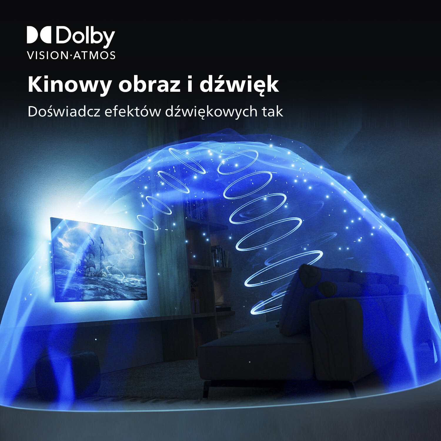 Obraz pokazujący fale dźwiękowe emanujące z telewizora.
