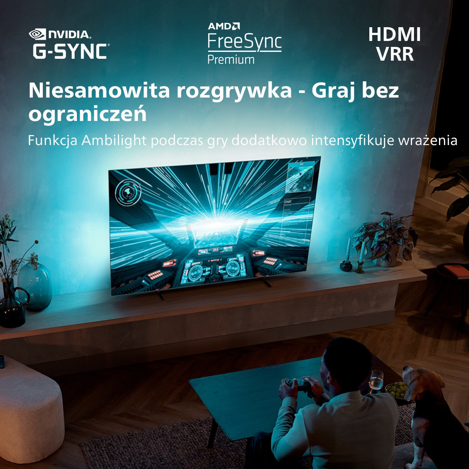 Mężczyzna gra w grę w telewizji, pies patrzy. Telewizor pokazuje grę wyścigową.