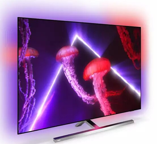 Telewizor ze sztuką z meduzami. Różowe, fioletowe i niebieskie światła. Nowoczesny, artystyczny design.