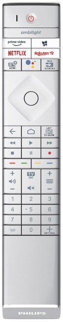 Srebrny pilot do telewizora z przyciskami, w tym Prime Video, Netflix i przyciskiem zasilania.