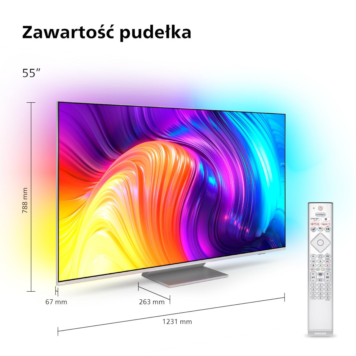 Duży telewizor z żywym wyświetlaczem. Zawiera pilota i podstawę. Wymiary są wymienione.