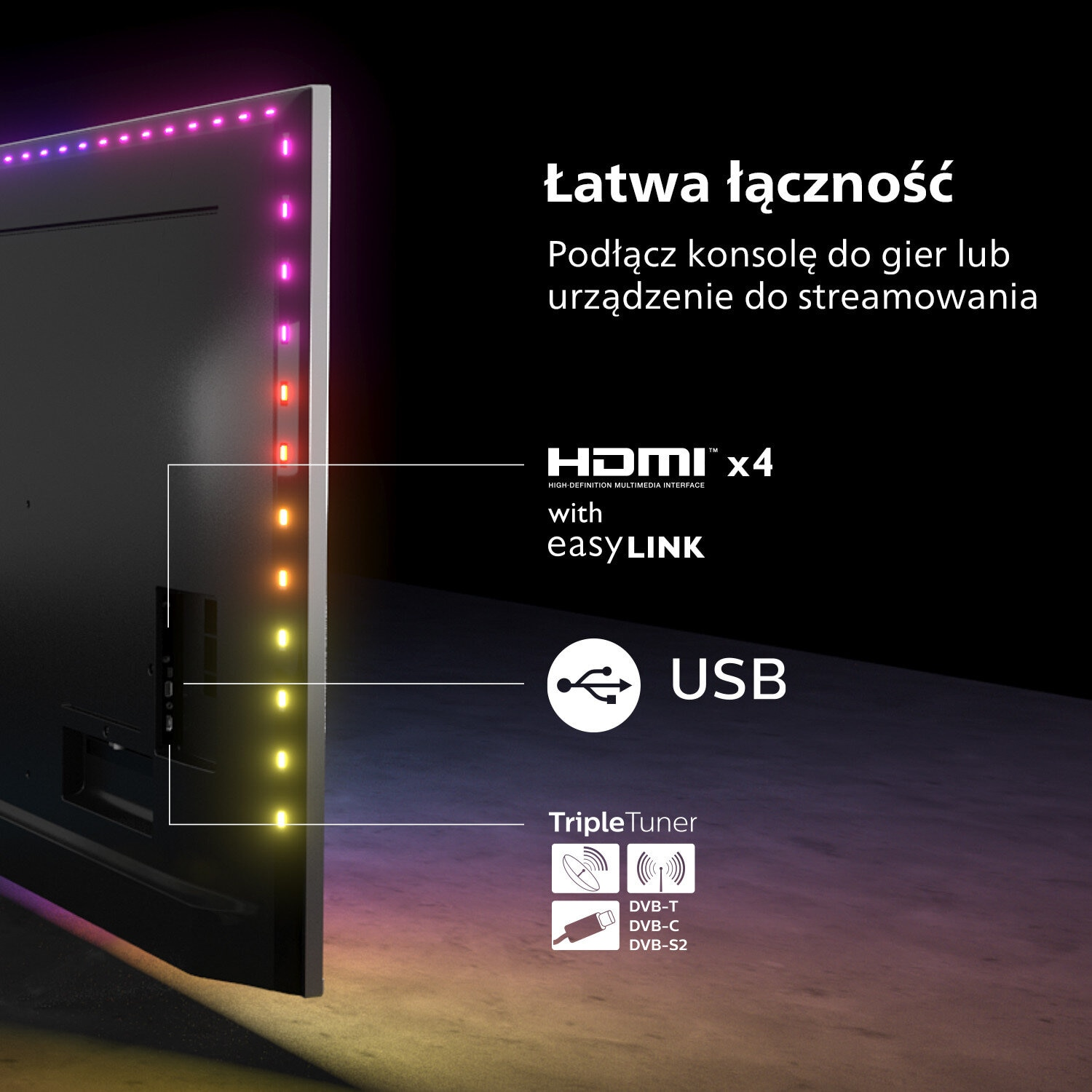Ekran TV pokazujący porty i połączenia z tekstem oraz różowy i fioletowy pasek świetlny.