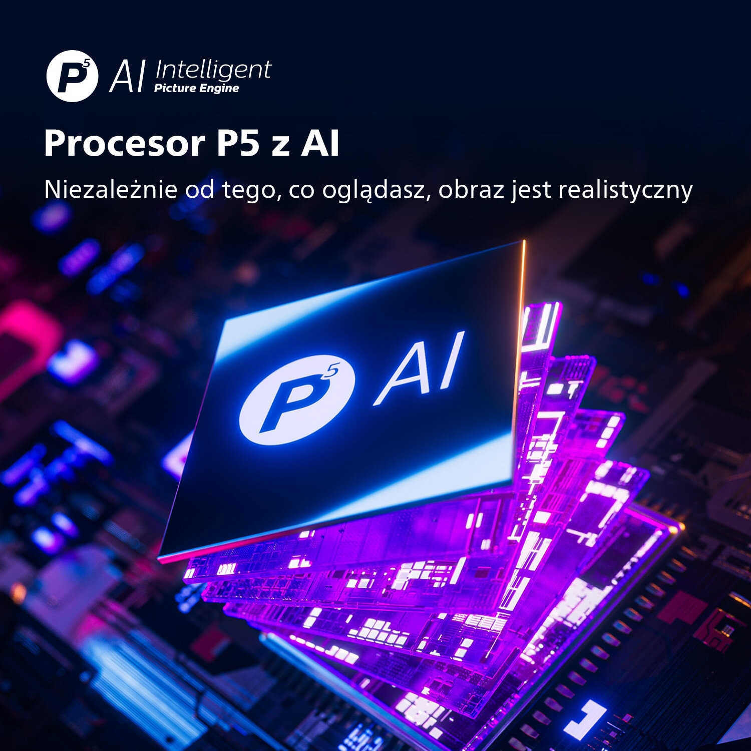 Abstrakcyjny obraz komponentu technologii z tekstem: Procesor P5 z AI, AI Intelligent Picture Engine.