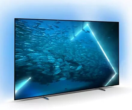 Ekran telewizora z niebieską podwodną sceną pełną ryb.