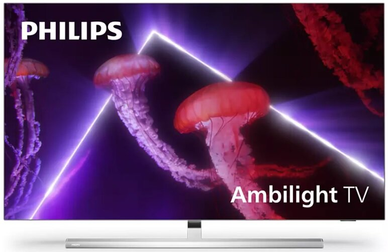 Telewizor z czarną ramą, pokazujący meduzy i fioletowe światła. Tekst: Philips Ambilight TV.