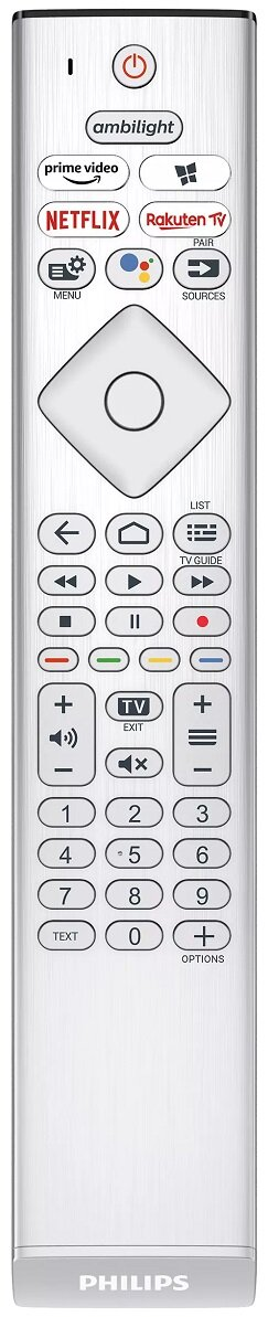 Srebrny pilot do telewizora Philips z wieloma przyciskami.