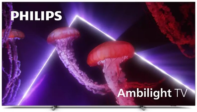 Telewizor Philips z grafiką meduz na ekranie i fioletowymi neonowymi liniami, z tekstem 'Ambilight TV'.