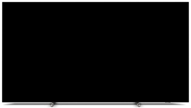 Czarny ekran telewizora, pokazujący pusty, ciemny wyświetlacz. Ekran jest na stojaku.