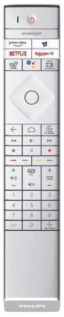 Srebrny pilot do telewizora z białymi przyciskami. Na górze przyciski zasilania i skróty do aplikacji.