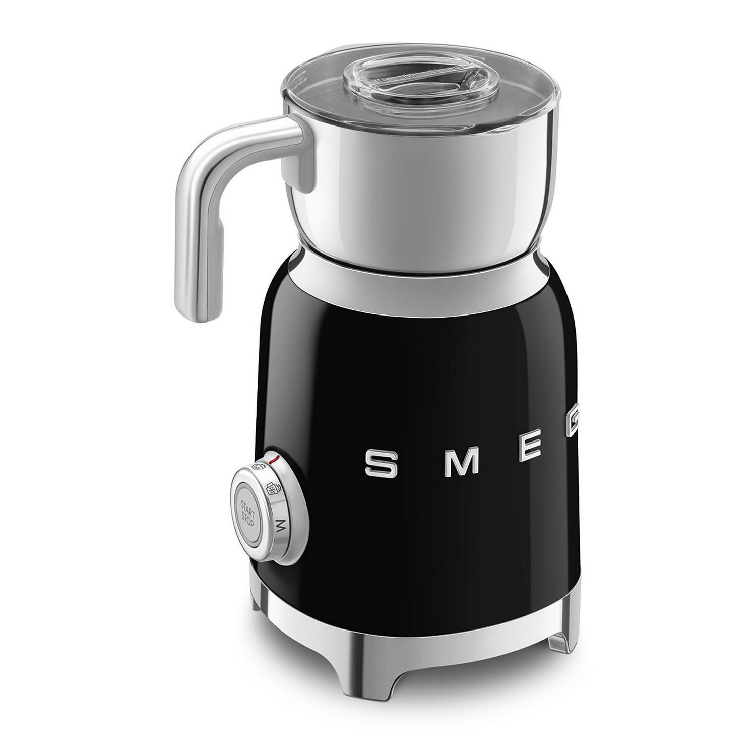 Black and silver Smeg milk frother. It has a handle, and 'SMEG' is printed on the front.