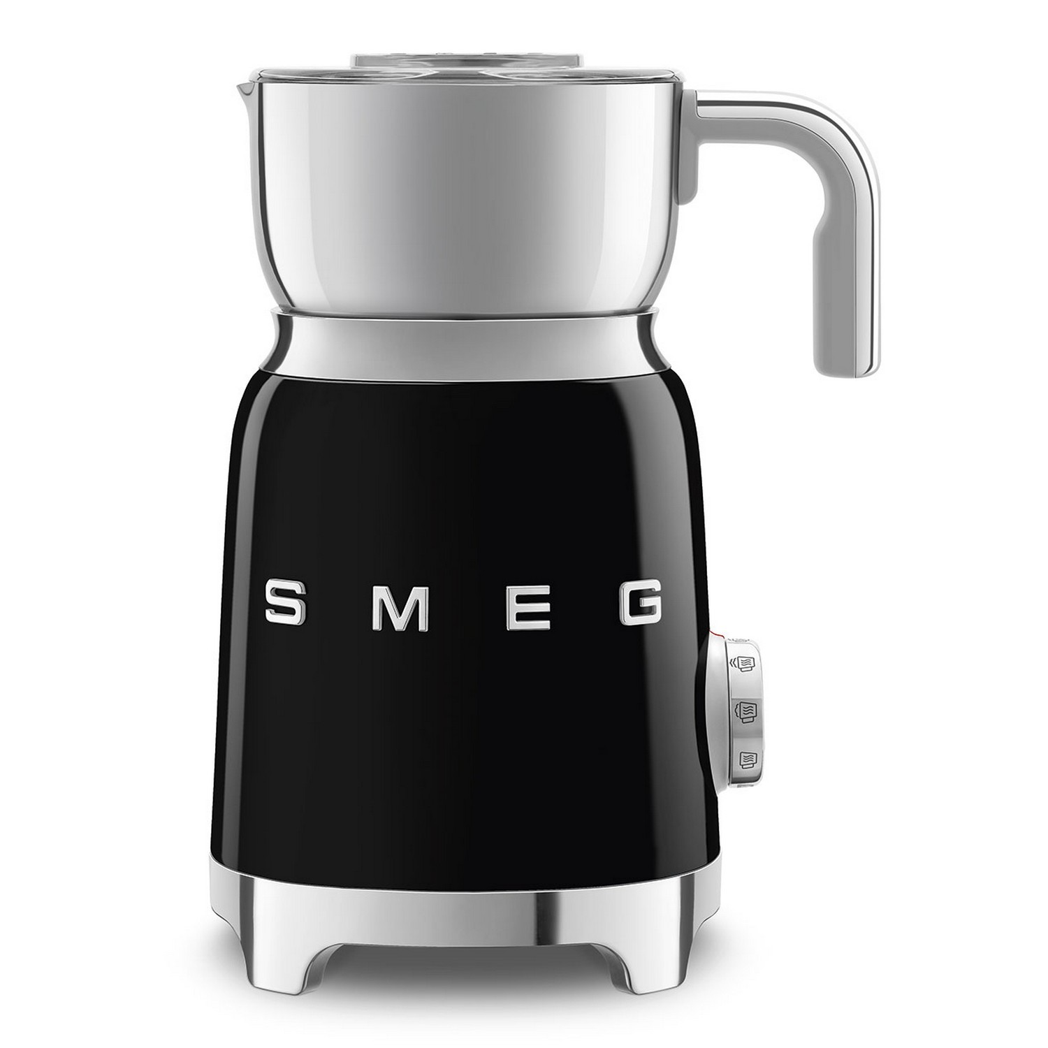 Black and silver Smeg milk frother with the word 'SMEG' on it.