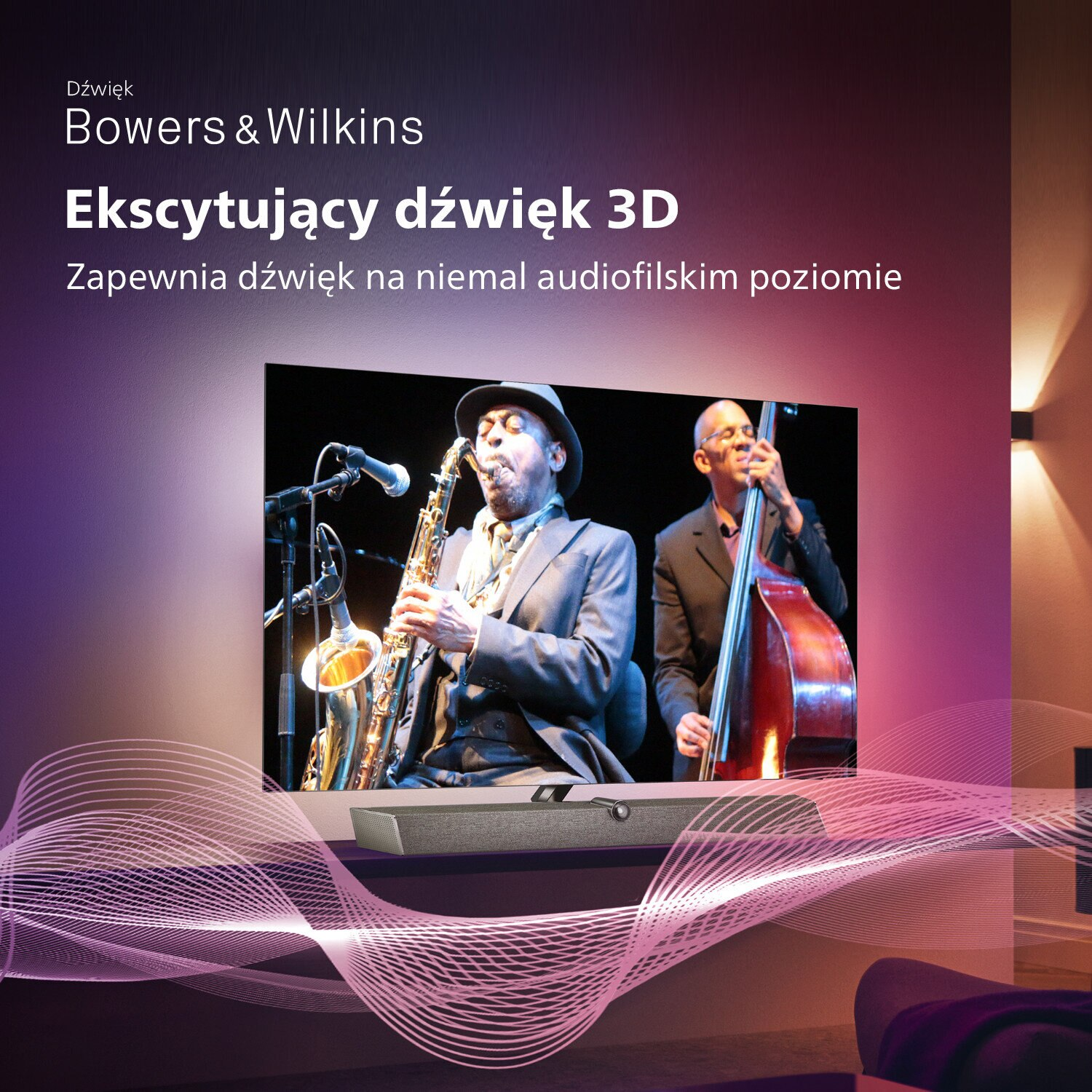 Ekran telewizora pokazujący występ jazzowy. Mężczyzna gra na saksofonie.