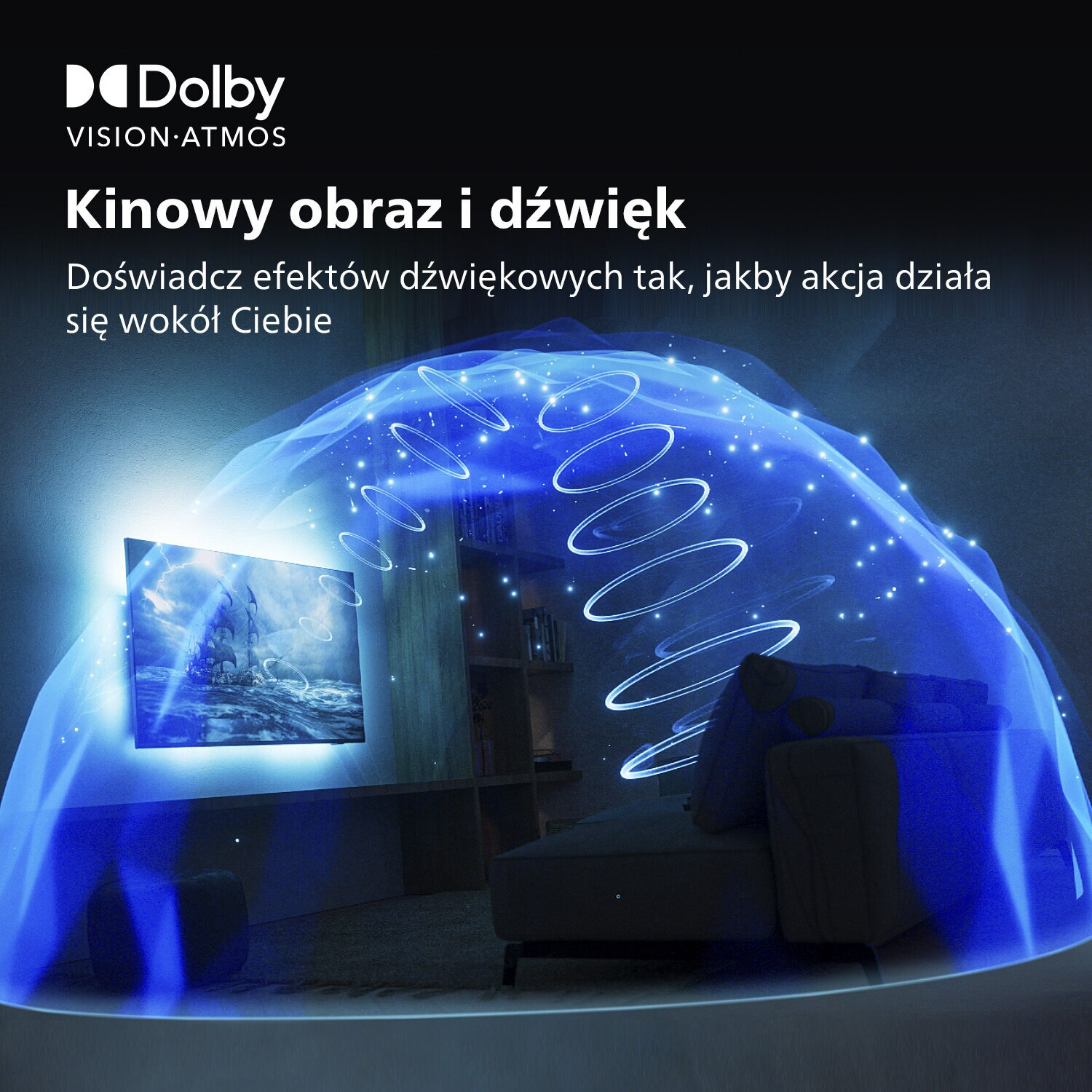 Salon z telewizorem wyświetlającym scenę i niebieskim efektem dźwiękowym.