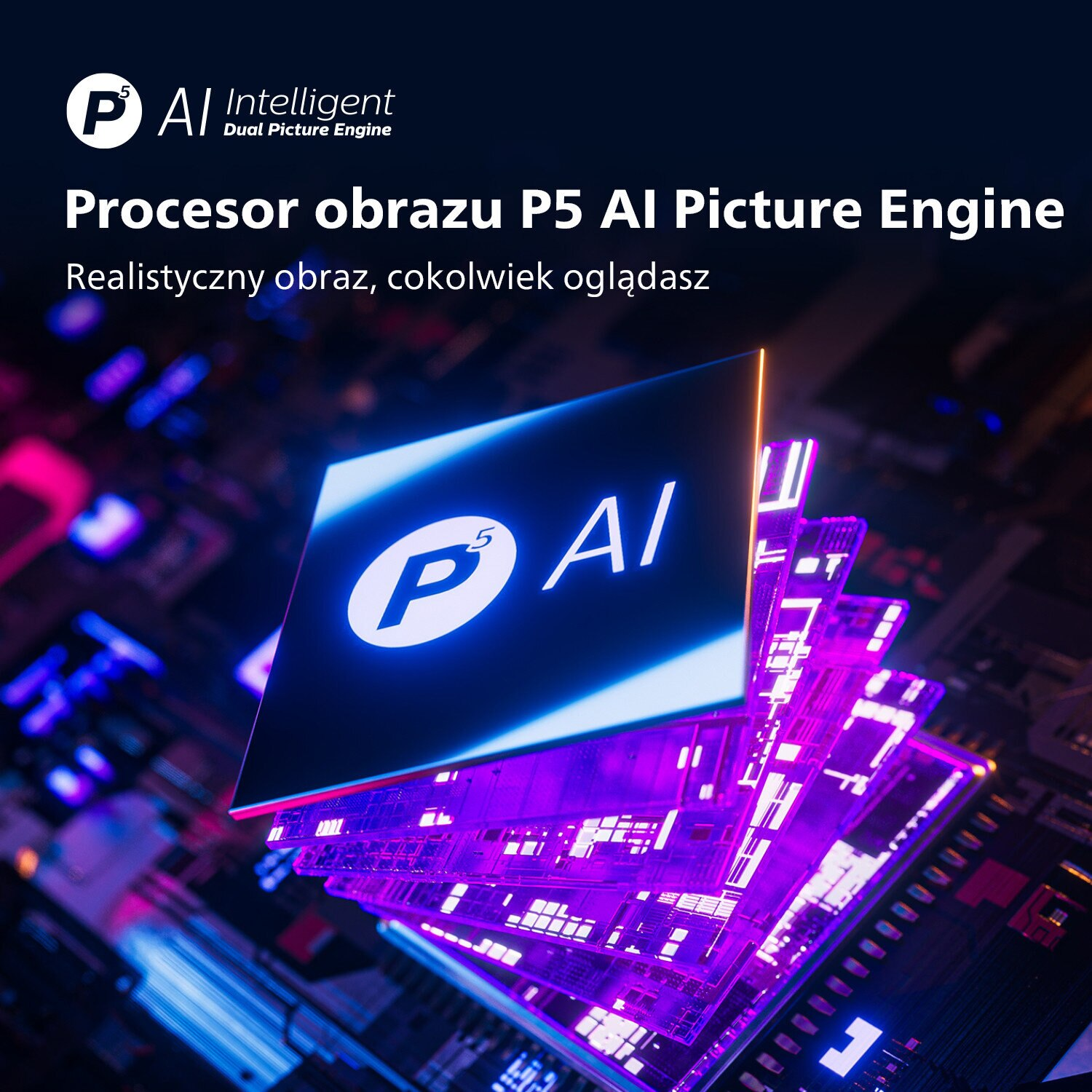 Obraz futurystycznej płyty obwodu z świecącymi niebieskimi i fioletowymi elementami oraz tekstem: 'Procesor obrazu P5 AI'.