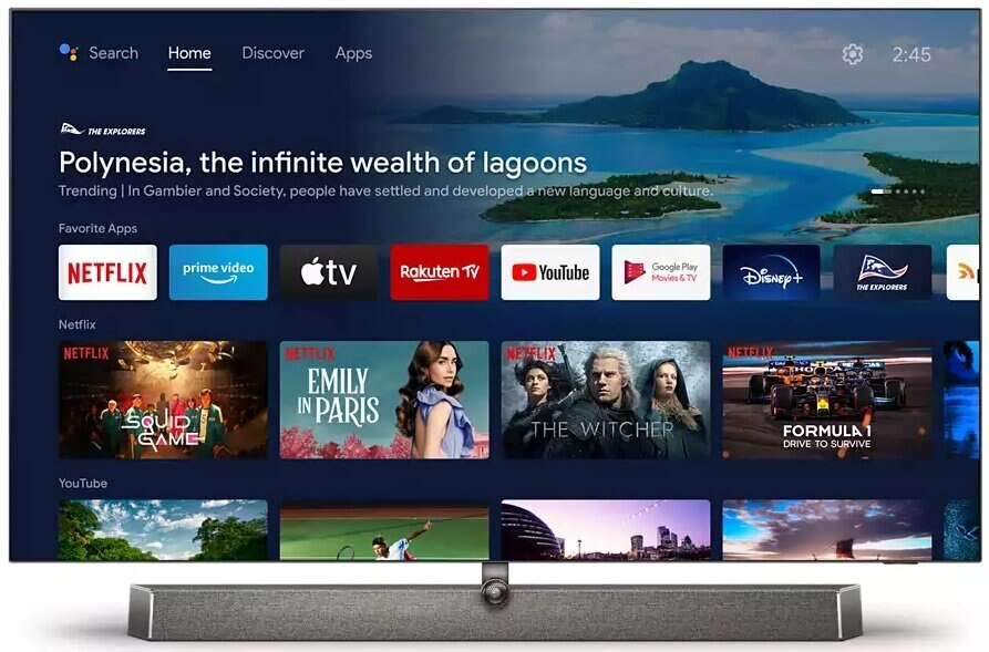 Ekran telewizora wyświetlający ekran główny z ikonami aplikacji.