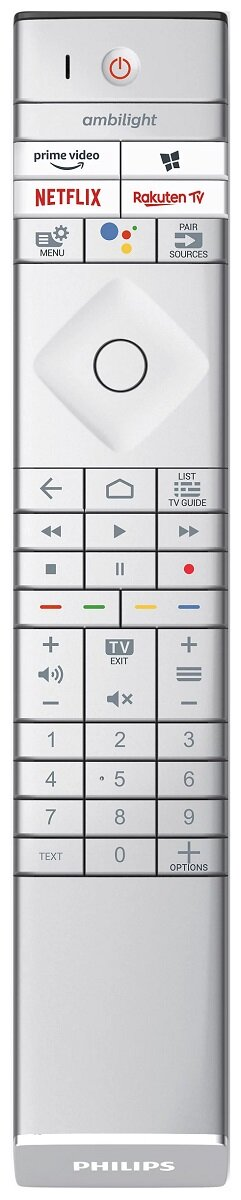 Srebrny pilot Philips. Przyciski obejmują zasilanie, Netflix, Rakuten TV i wybór kanałów.