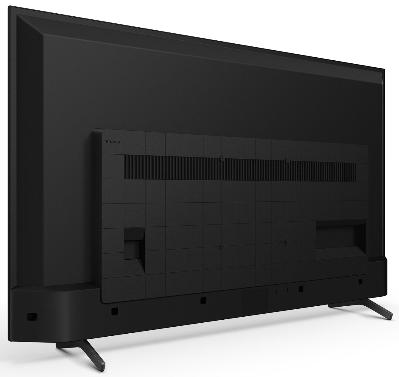 Widok z tyłu czarnego telewizora z teksturowanym tyłem i nogami.