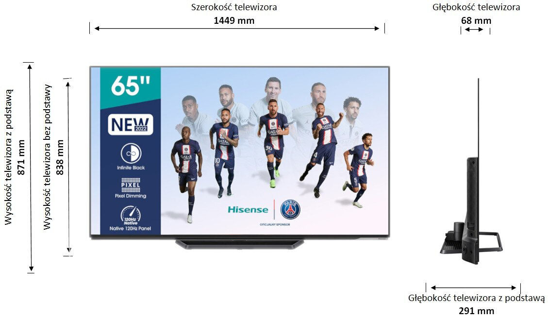 Duży ekran telewizora wyświetlający drużynę piłkarską, z wymiarami i tekstem w języku polskim.