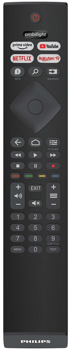 Czarny pilot Philips z wieloma przyciskami. Obecne przyciski zasilania, Netflix i inne skróty do aplikacji.