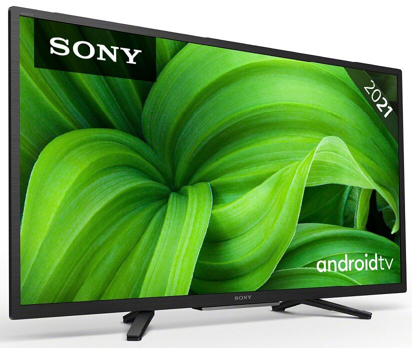 Telewizor Sony z systemem Android, pokazujący zielone liście na ekranie. Ma czarną ramkę.