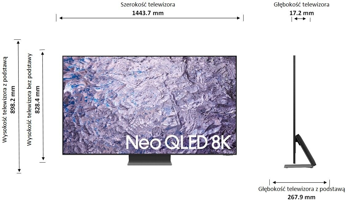 Wymiary telewizora z telewizorem Neo QLED 8K na białym tle ze szczegółami pomiarów.