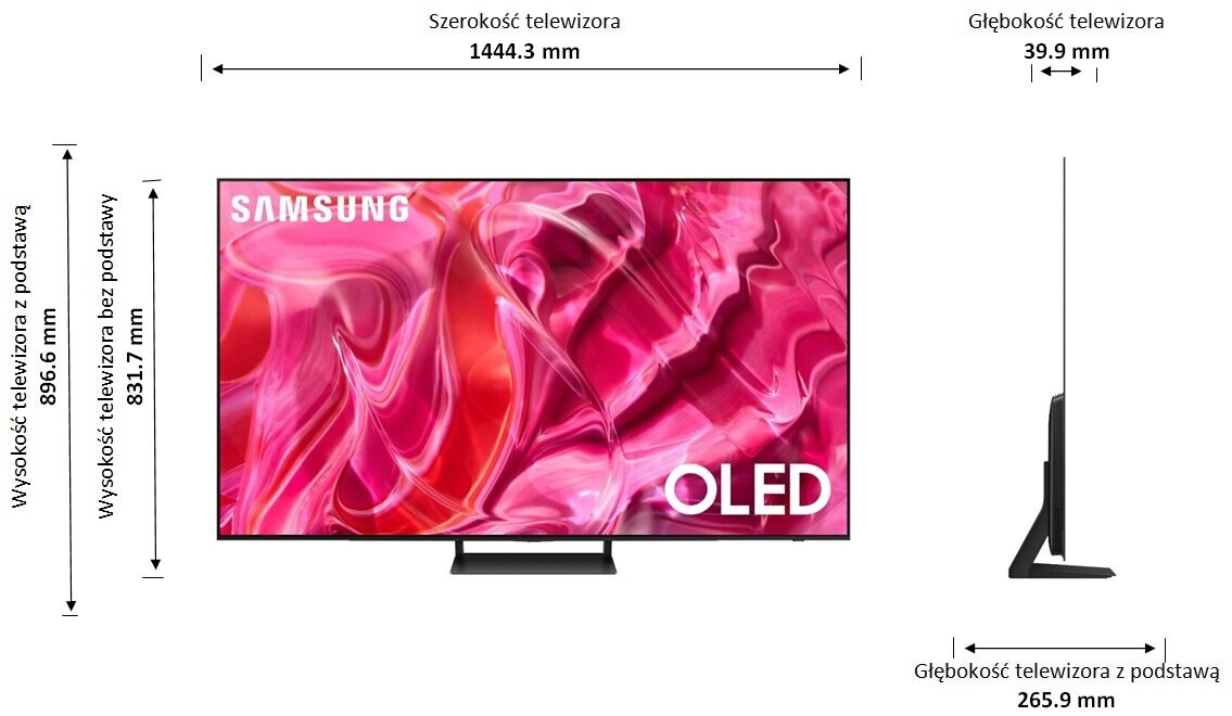 Telewizor Samsung OLED z wyświetlonymi wymiarami. Ma czarną podstawę i cienką ramkę.