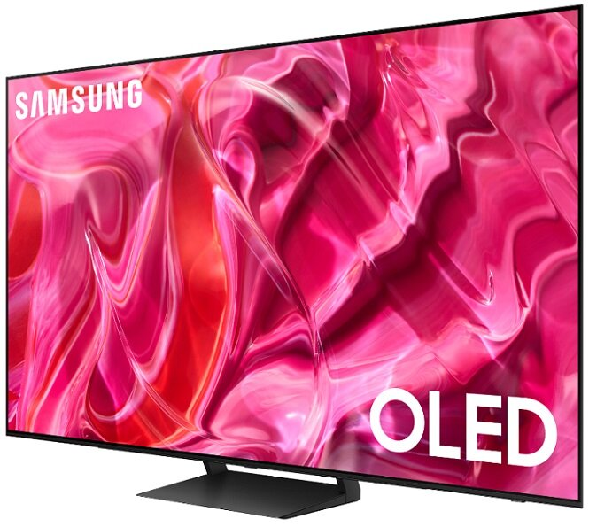 Nowoczesny ekran telewizora z różowym i czerwonym abstrakcyjnym wzorem. Widoczne słowo 'OLED'.