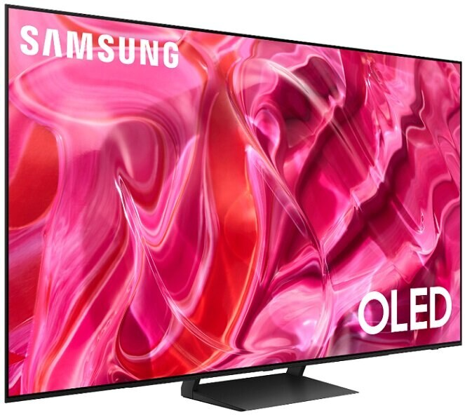 Telewizor Samsung OLED z czerwonym i różowym abstrakcyjnym tłem.