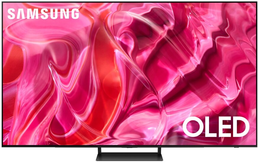 Telewizor Samsung OLED. Czarny ekran wyświetla abstrakcyjną sztukę w kolorze różowym, czerwonym i białym. Biały tekst OLED na dole.