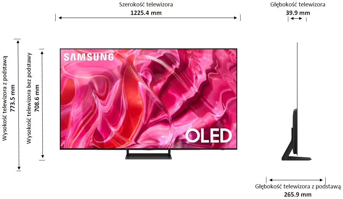 Rysunek wymiarów telewizora, Samsung OLED, z wymiarami w mm.