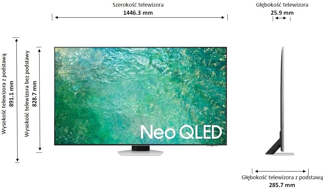 Duży ekran telewizora z wymiarami i etykietą Neo QLED.