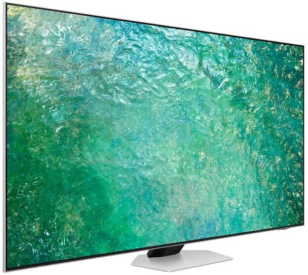 Nowoczesny telewizor, widok z boku, z ekranem wyświetlającym wzór podobny do wody. Biała ramka i podstawa.