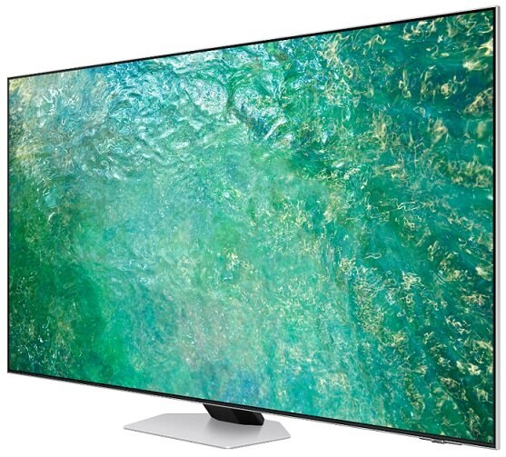 Widok z boku dużego telewizora, pokazujący ekran i podstawę.