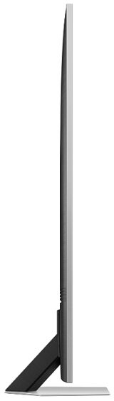 Widok z profilu TV. Srebrna obudowa z czarną podstawą i smukłym, nowoczesnym designem.