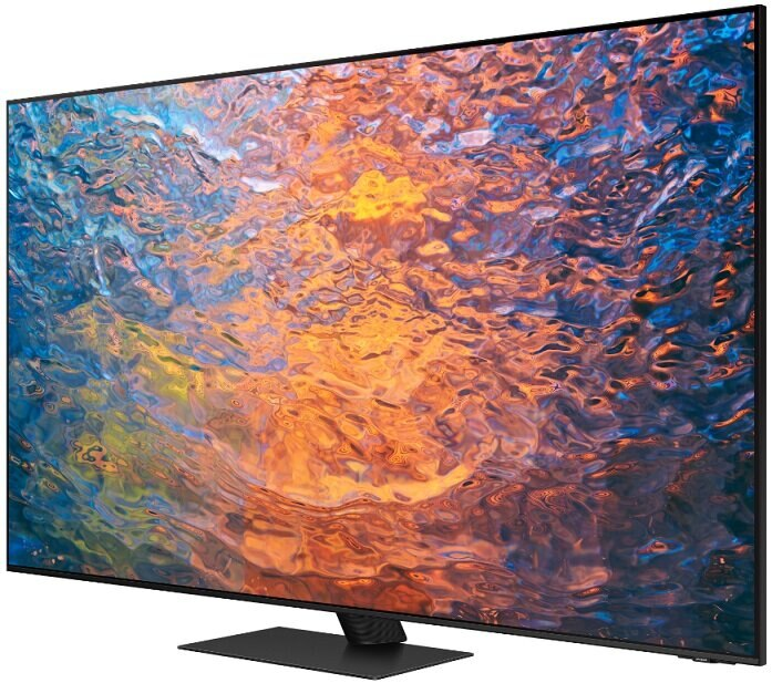 Czarny ekran telewizora wyświetla kolorowy, abstrakcyjny wzór przypominający wodę.