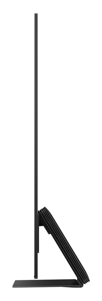 Czarny telewizor, widok z profilu, elegancki design i minimalistyczny stojak na białym tle.