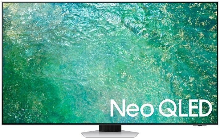Telewizor Samsung Neo QLED. Zielony wzór wody na ekranie, biały tekst Neo QLED na dole. Ciemny stojak.