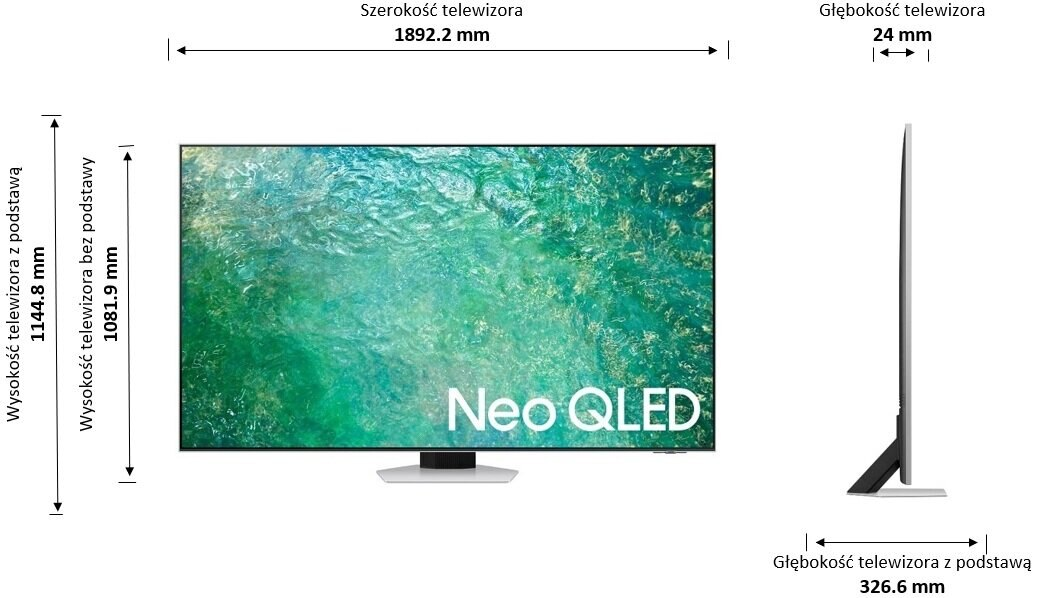Telewizor z oznaczonymi wymiarami, pokazujący zielono-biały abstrakcyjny wzór na ekranie.