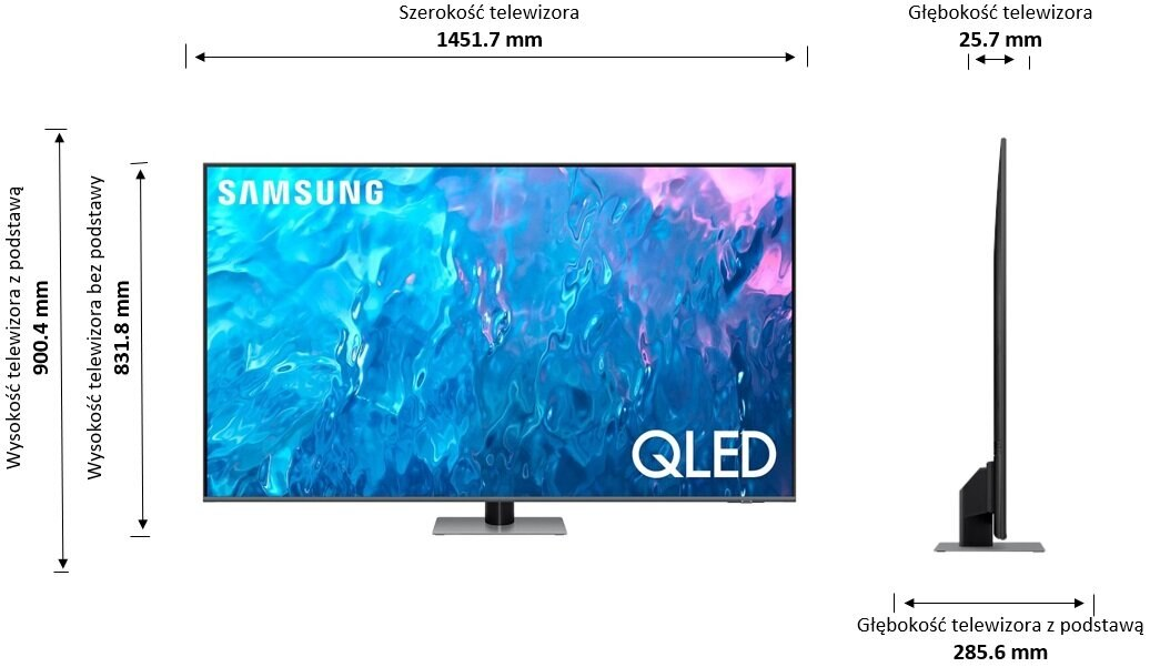 Wymiary telewizora. Widok z przodu i z boku. Tekst na telewizorze mówi QLED i Samsung. Zawiera szerokość i wysokość.
