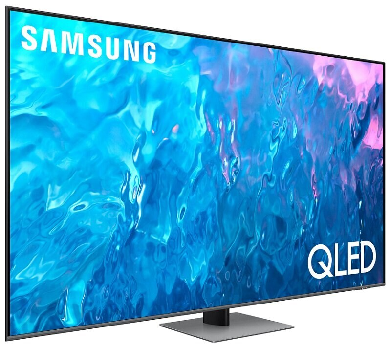 Telewizor Samsung QLED, scena z niebieską wodą, biały tekst.