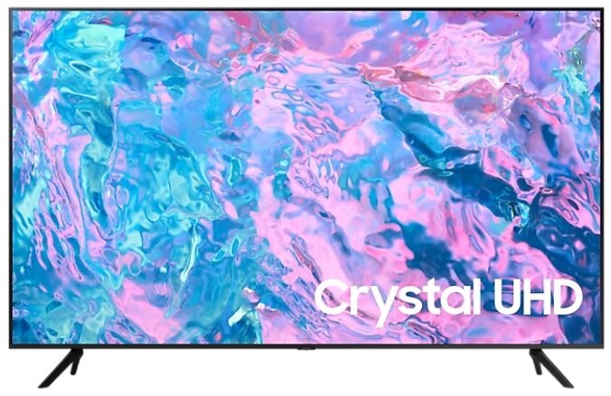 Telewizor z czarną ramą, wyświetlający abstrakcyjny wzór w kolorze niebieskim i różowym. Tekst: Crystal UHD.