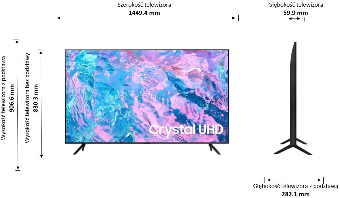 Wymiary telewizora. Pokazano telewizor z wymiarami wysokości, szerokości i głębokości. Telewizor jest czarny.