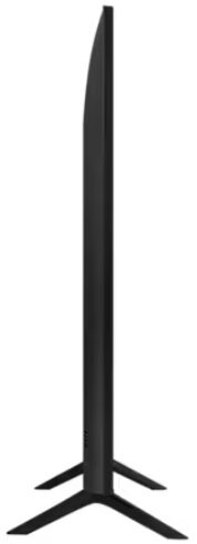 Profil boczny czarnego telewizora na stojaku. Smukła konstrukcja.